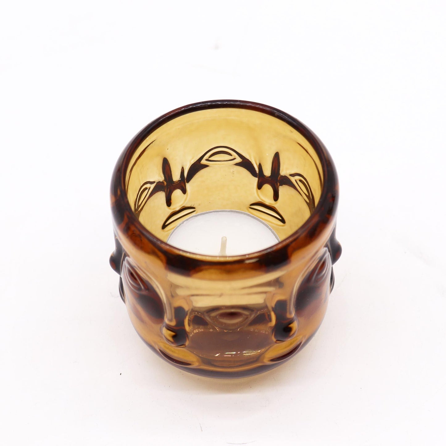 Buddha Faces Candle Jar - Antique Amber